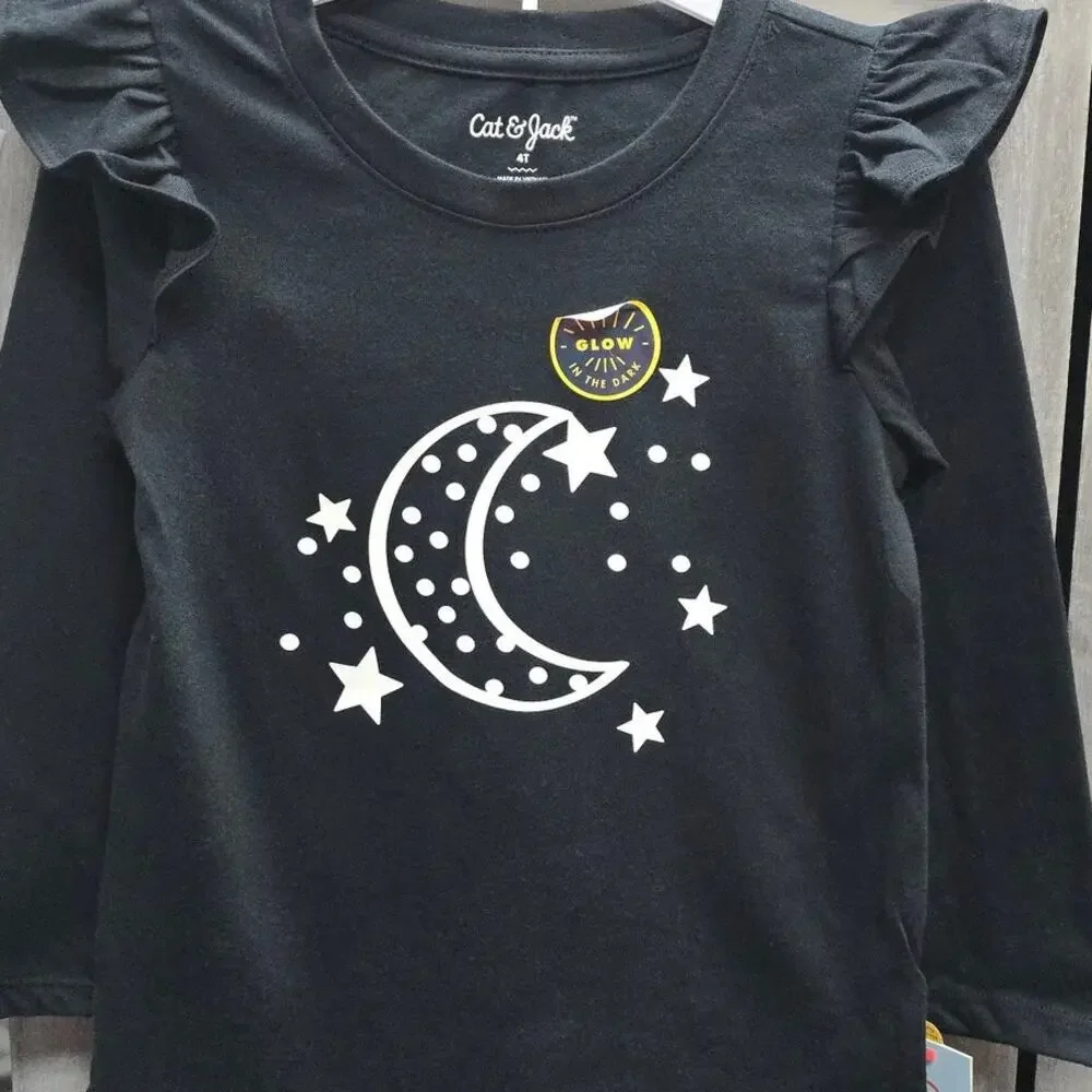 Girls Glow in the Dark Moon & Stars Halloween Outfit Shirt & Leggings Set | 4T
